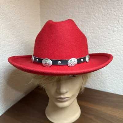 Sombrero rojo 100 % fieltro lana talla pequeña para mujer accesorio de moda ribete de cuero vaquero Foto 1 de 4