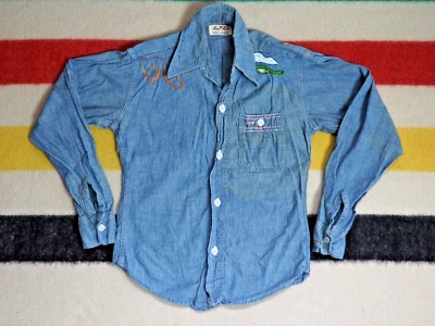 Camisa De Colección Años 50 60 King Kole Hippy Bordada Cambray Azul Algodón Botón Juvenil Foto 1 de 4