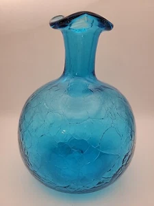 Vintage Hand Blown Turquoise Blue Ruffle Edge Crackle Glass Vase - Picture 1 of 6