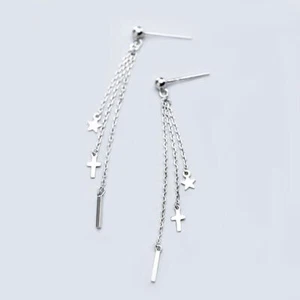 Pendientes largos colgantes con tachuelas cruzadas de plata esterlina A1178 - Imagen 1 de 6