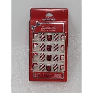 Claire's 20 Pre-Glued Nails Christmas Santa Hat Stripes Red & White Holiday - Picture 1 of 1