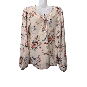 Floral Blouse Long Sleeve Tie Neck Lightweight Top Elegant Beige Size M - Picture 1 of 12