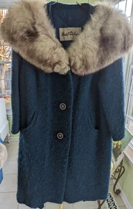 VINTAGE MARSHALL FIELDS & CO BLUE NUBBLY WOOL COAT SZ L-XL FUR COLLAR UNION MADE - Picture 1 of 14