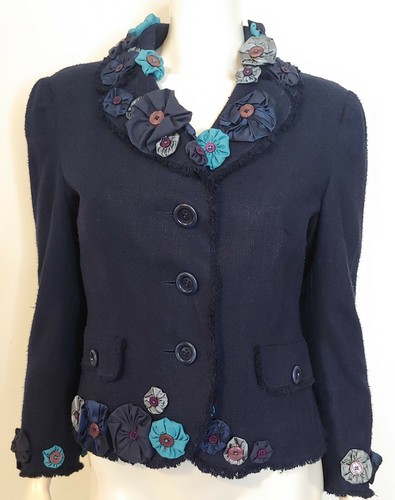 Giacca Moschino blu navy tessuto seta LS US 12 impreziosita bordo floreale con bottoni