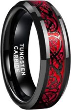 Men's 8mm Beveled Edge Comfort-Fit Red Celtic Dragon Tungsten Wedding Band Ring