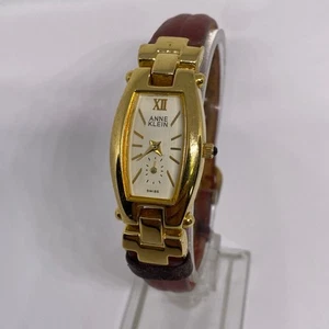 Ladies Anne Klein Stainless Steel Gold Tone Red Leather Band Watch Working - Picture 1 of 7