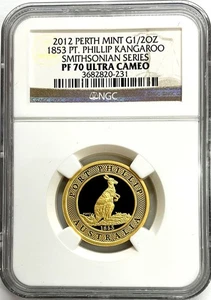 2012 GOLD PERTH MINT 1/2 oz NGC PF 70 SMITHSONIAN SERIES 1853 PHILLIP KANGAROO - Picture 1 of 2