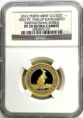 2012 GOLD PERTH MINT 1/2 oz NGC PF 70 SMITHSONIAN SERIES 1853 PHILLIP KANGAROO - Image 1 of 2