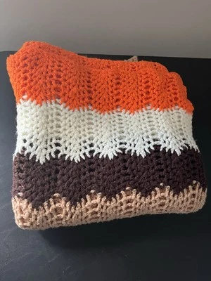 Vintage Handmade Crochet Afghan Blanket MCM- Fall, Browns, Orange Clean! — 第 1/2 张图片