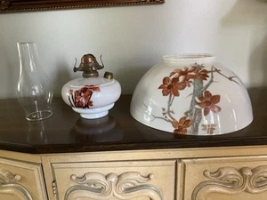 3 Pc antique hanging oil lamp glass 14” shade and Matching oil holder + Chimney - Picture 1 of 10