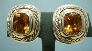 David Yurman Sterling Silver & 14K Faceted Honey Citrine Albion Large 1"Earrings - Picture 1 of 5