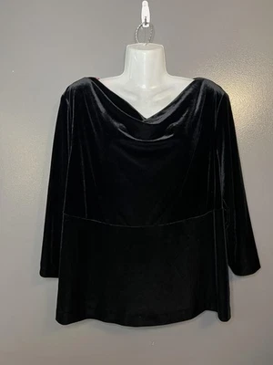 Donna Ricco 衬衫女式 16W Plus 黑色天鹅绒圆领长袖美国制造 — 第 1/4 张图片