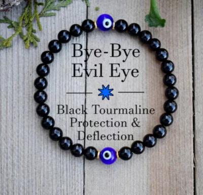 Empath Protection Black Tourmaline Bracelet Evil Eye Healing Crytstal Bracelet - Image 1 of 4