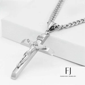 Men 24" Stainless-Steel.JESUS CROSS 60mm Pendant Cuban Chain High Polish Box - Picture 1 of 4
