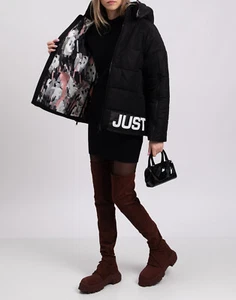 UVP 455€ JUST CAVALLI Steppjacke IT40 US4 S schwarz beschichtet Logo abnehmbare Kapuze - Bild 1 von 10