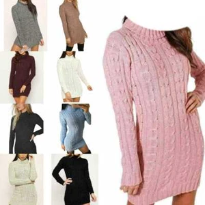 Cuello Polo Mangas Largas Cálido Suéter Jumper Vestido Damas Grueso Tejido por Cable Nuevo - Imagen 1 de 10