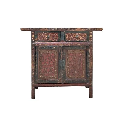 Gabinete de mesa auxiliar vintage envejecido rojo marrón relieve motivo floral ws4579 Foto 1 de 4