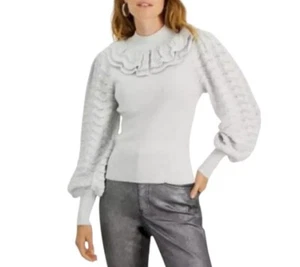 INC International Concepts Ruffled Puff Sweater Texture Metallic Silver Womens M - Picture 1 of 10