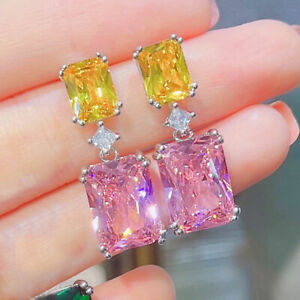 NEW Charming Mix Color Yellow Citrine Pink Topaz Gems Women Stud Dangle Earrings