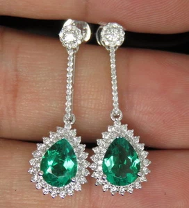 Solid 18Kt White Gold Natural Gorgeous Green Emerald Full Cut Diamond Earrings - Picture 1 of 6