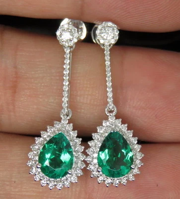 Solid 18Kt White Gold Natural Gorgeous Green Emerald Full Cut Diamond Earrings - Image 1 of 4