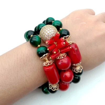 Pulsera 8" 3 hebras ojo de tigre verde coral rojo circonita cuentas pavé Foto 1 de 4