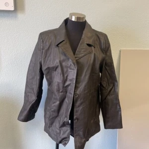 Dialogue Womens Leather Jacket Coat Brown Pockets Collar Button-up Lined XL - Picture 1 of 10
