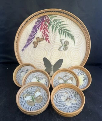 Wooden Bamboo 11”round Serving Tray & 6 Coasters Embossed with Butterflies - Image 1 of 4