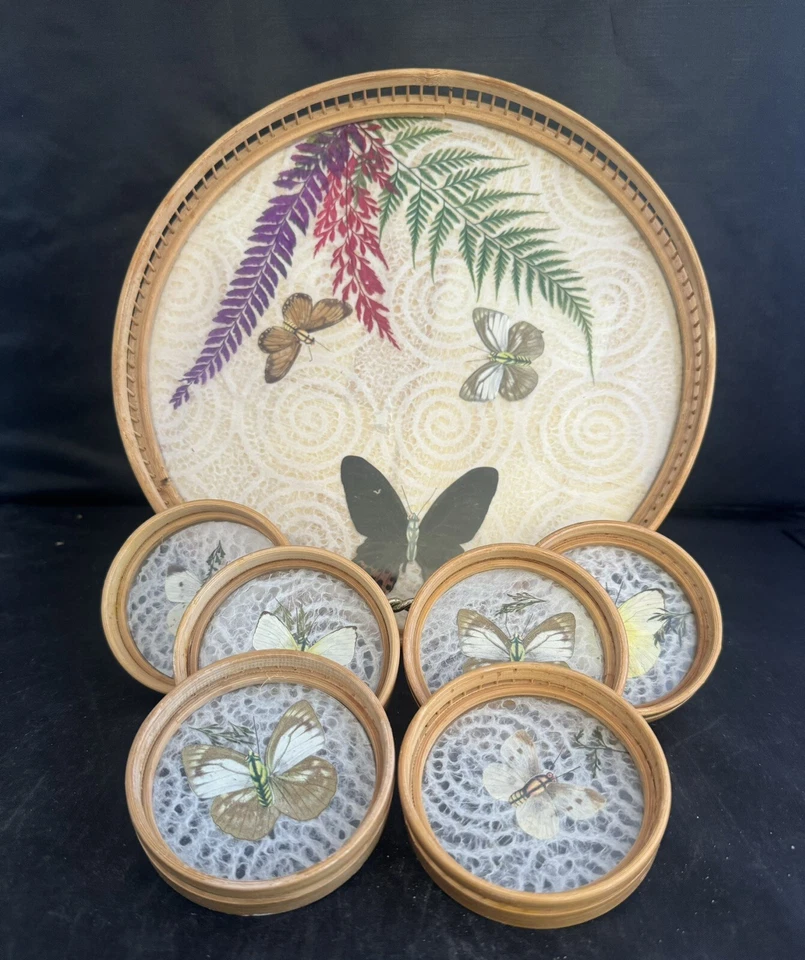 Wooden Bamboo 11”round Serving Tray & 6 Coasters Embossed with Butterflies - Image 1 of 4