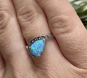 Blue Fire Opal Marcasite Gemstone Ring 925 Sterling Silver Size P Crystal - Picture 1 of 3