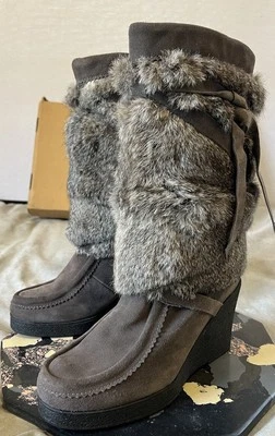 Botas Muks Muk Luks Mukluk cinza pele de coelho joelho alto envoltório tamanho EUA 9 UE 40 NOVO NA CAIXA - Imagem 1 de 4
