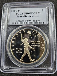 🌟 2006-P Ben Franklin Scientist Silver Dollar Commemorative Coin PCGS PR69 DCAM - Picture 1 of 2