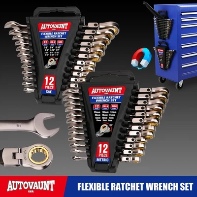 Juego de llaves de trinquete de cabeza flexible de 24 piezas métricas y SAE con organizador 8-19 mm 1/4"-7/8" Foto 1 de 4