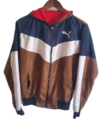 Vtg Puma Satin Windbreaker Lined W/fleece  Men's Medium white brown - Image 1 of 4