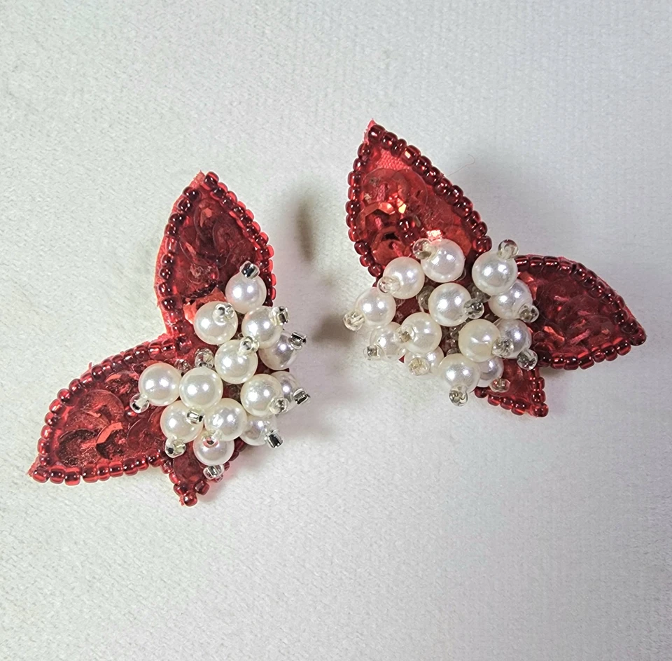 Винтажные серьги 80-х пуансеттия жемчуг кластер красный блестки Рождественский пирсинг  - Изображение 1 из 4