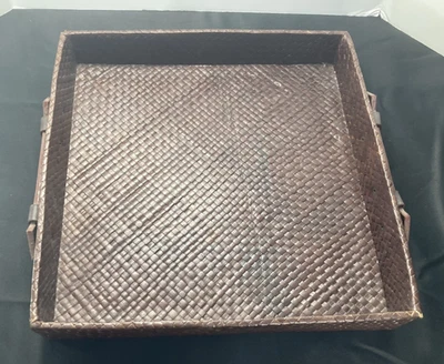 Vintage Woven Serving Tray, Handles, 14” x 14” x 2 3/8" Rattan Wicker Bamboo - Image 1 of 4