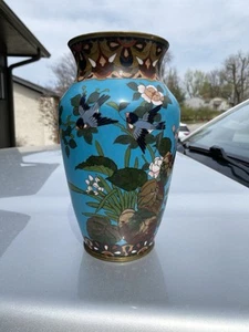 Grande vaso/vaso vintage giapponese cloisonne periodo meiji uccellini smaltato floreale - Foto 1 di 17