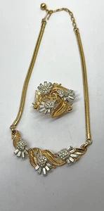Vtg Crown Trifari Radiance demi parure Necklace brooch Thistle two tone signed - Picture 1 of 11