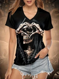 Women T-Shirt V Neck Skull Love Gothic - Size Large Casual Short Sleeve 04413 - Picture 1 of 5