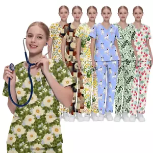 Women's Multi-Colored Printed Nursing Scrub Sets - Elastic Fabric Uniforms - Picture 1 of 40