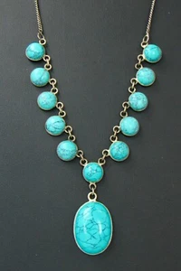 Simulated Turquoise Stone Cabochon Sterling Silver Chain Pendant Necklace - Picture 1 of 11