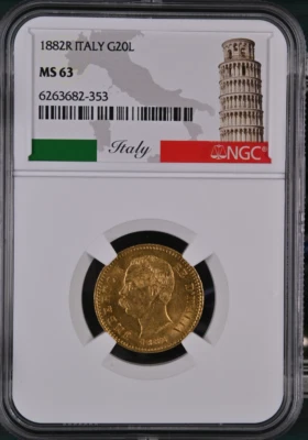 1882R Italy Gold 20 Lire NGC MS63 * FREE Shipping * - Image 1 of 4