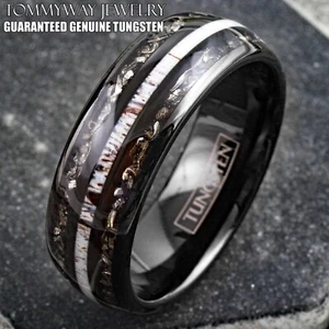 Black Tungsten Carbide Men's Ring w/ Deer Antler & Meteorite Wedding Band - Picture 1 of 10