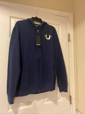 True Religion Hoodie Mens Large City Buddha Zip Sweatshirt Double Sided Blue - Imagem 1 de 4