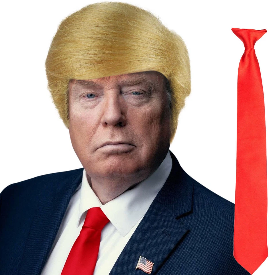 ROCKING PARTY Blonde USA President Donald Trump Fancy Dress Wig, Red Tie Set