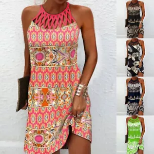 Ladies Summer Beach Boho Dresses Holiday Hollow Halter Neck Mini Dress Plus Size - Picture 1 of 22