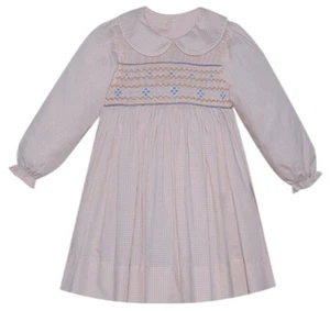 REMEMBER NGUYEN Smocked Tan/White Gingham L/S Dress NWT Girls 7 - Picture 1 of 4