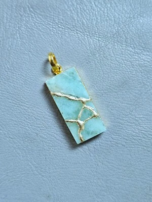 KINTSUGI Aquamarine NECKLACE Rectangle Gemstone Handmade Gold Plated Chain - Image 1 of 4