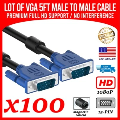 Lot of 100 VGA to VGA Cable 5ft 1080p HD Male to Male Monitor Laptop PC Computer - Image 1 of 4