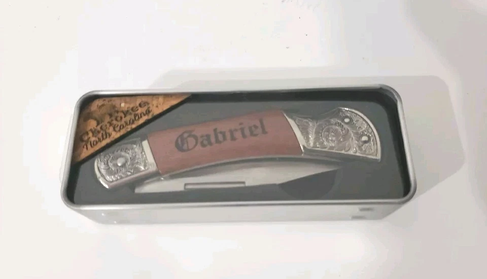 Legacy Knife Engraved Stainless Steel Blade Real Wood Metal Gift Box - Gabriel - Image 1 of 2